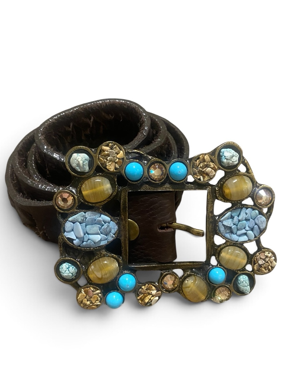 Leatherrock western turquoise stone statement brown leather belt 32